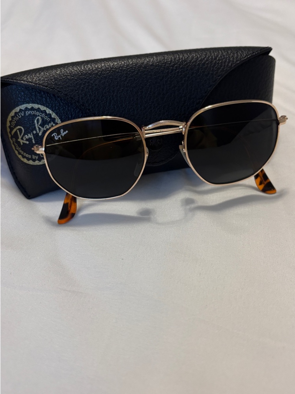 Ray-Ban Gold Frame Sunglasses with Black Lenses and Tortoiseshell Tips